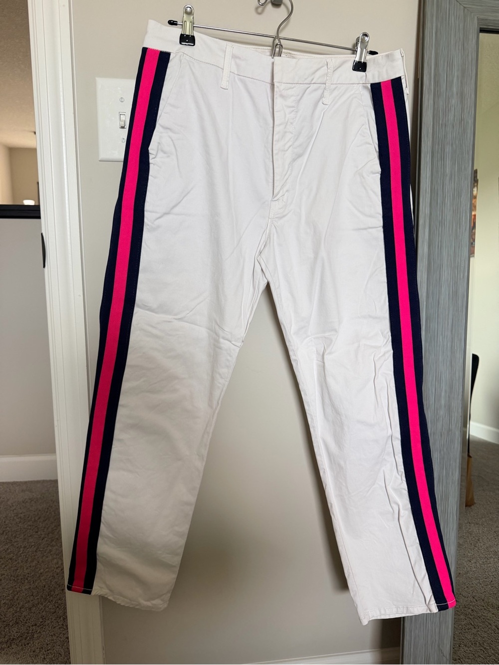 MOTHER White Chino Pants with Hot Pink & Navy Side Stripes